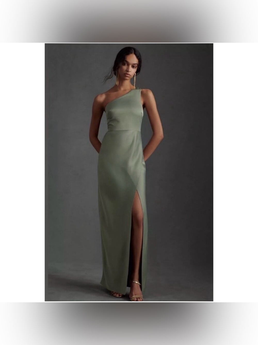 BHLDN Dylan One-Shoulder Satin Side-Slit Gown Green Size 12